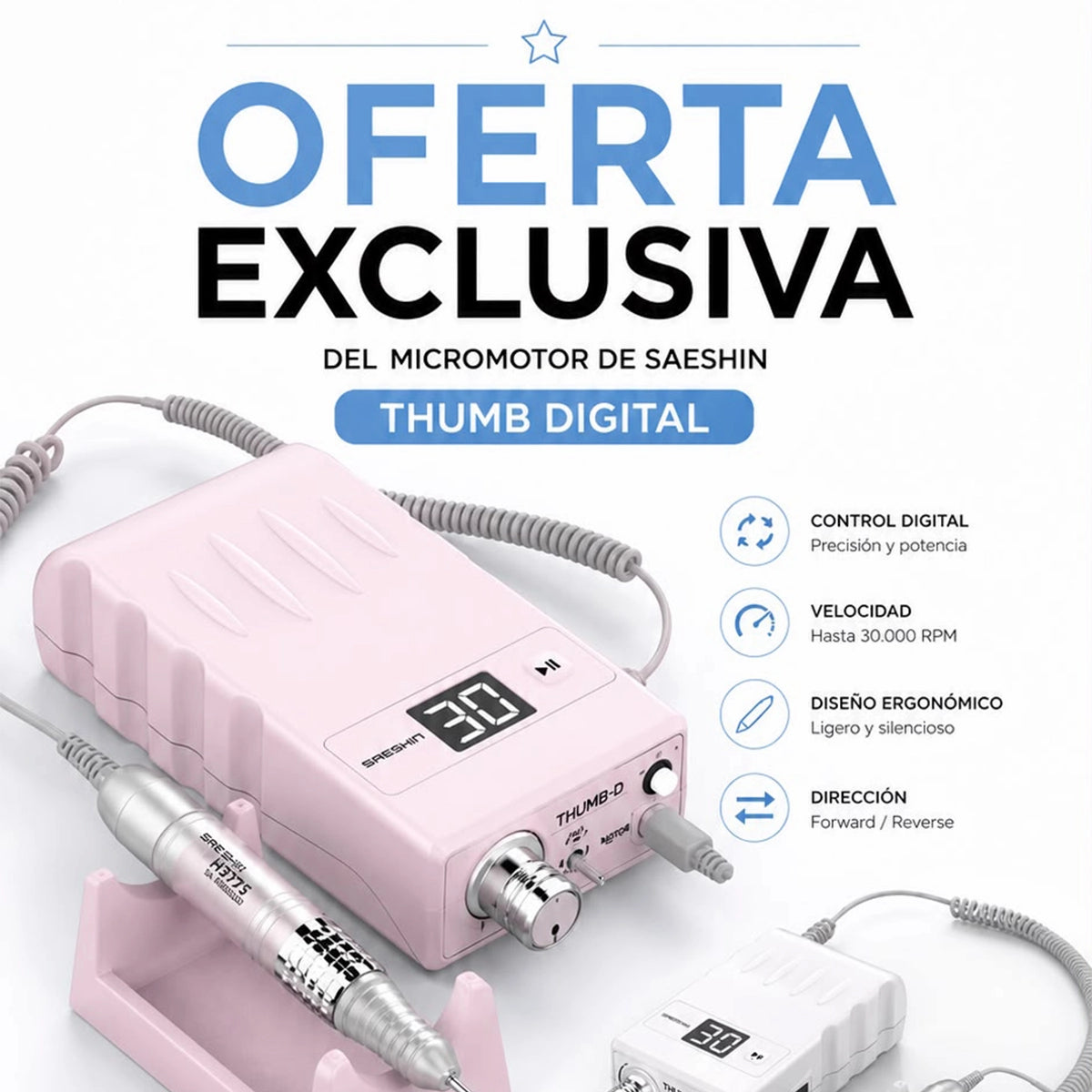 Pack Profesional Manicura: Esterilizador MicroSTOP Protect + Torno Inalámbrico Saeshin Thumb