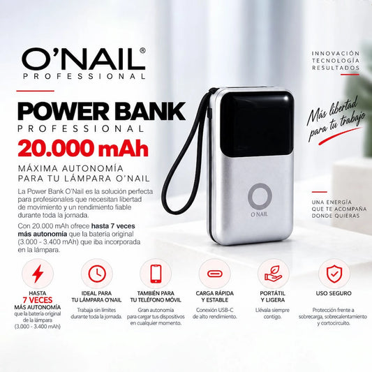Power Bank O’Nail 20.000 mAh para lámpara y micromotor. Batería externa profesional con gran autonomía, compatible con lámpara O’Nail sin batería y micromotor pequeño.