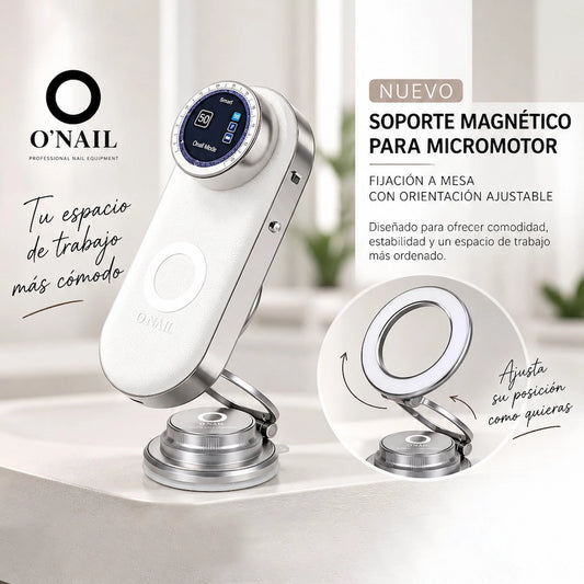 Soporte magnético O’Nail para micromotor de uñas. Ajustable, orientable y plegable, con base de succión para una fijación firme a la mesa.