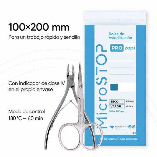 Bolsa de esterilización transparente 100x200 mm con indicador de clase IV y modo de control 180 °C 60 min
