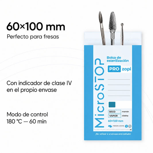 Bolsa de esterilización transparente 60x100 mm con indicador de clase IV, perfecta para fresas